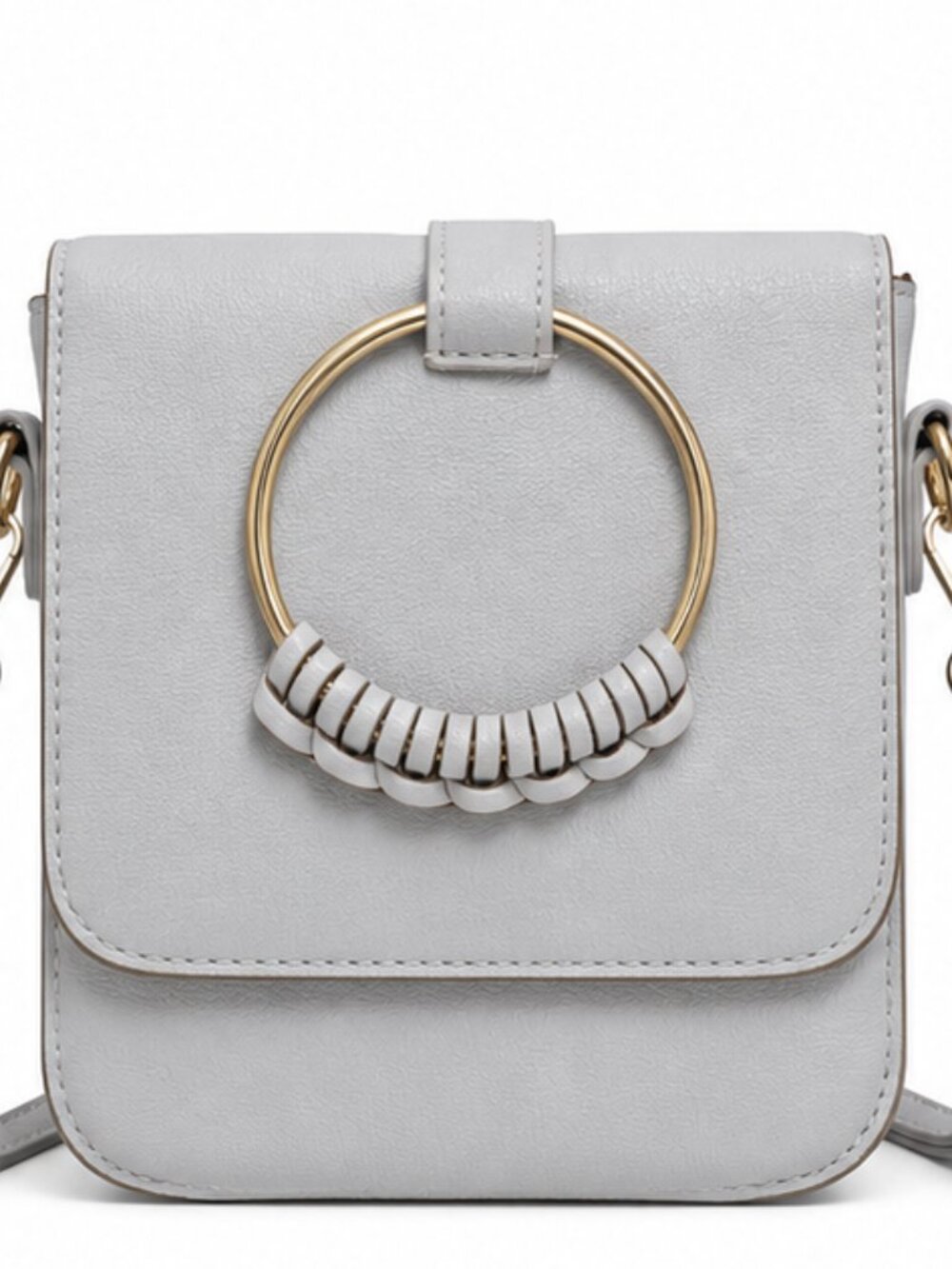 Light Gray Small Crossbody Bag with Silver Ring  Accent & Adjustable Shoulder